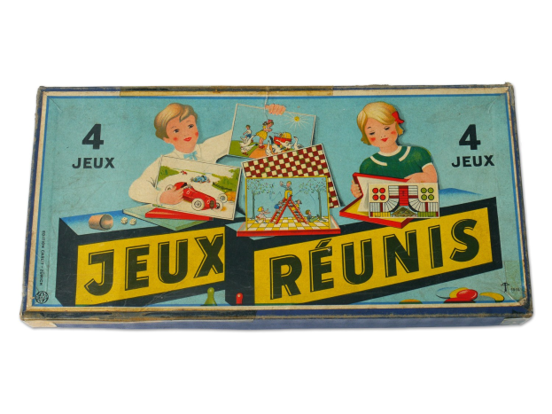 Eine Schachtel für das Brettspiel "Jeux Reunis" mit zwei spielenden Kindern, farbigen Illustrationen und Text auf einem hellen weißen Hintergrund.