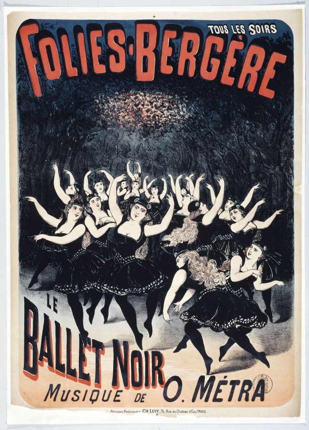 Plakat für die Ballettmusik von O. Metra mit einer Gruppe von Menschen, die im Vordergrund tanzen, vor einem weißen Hintergrund mit Textbeschreibung.