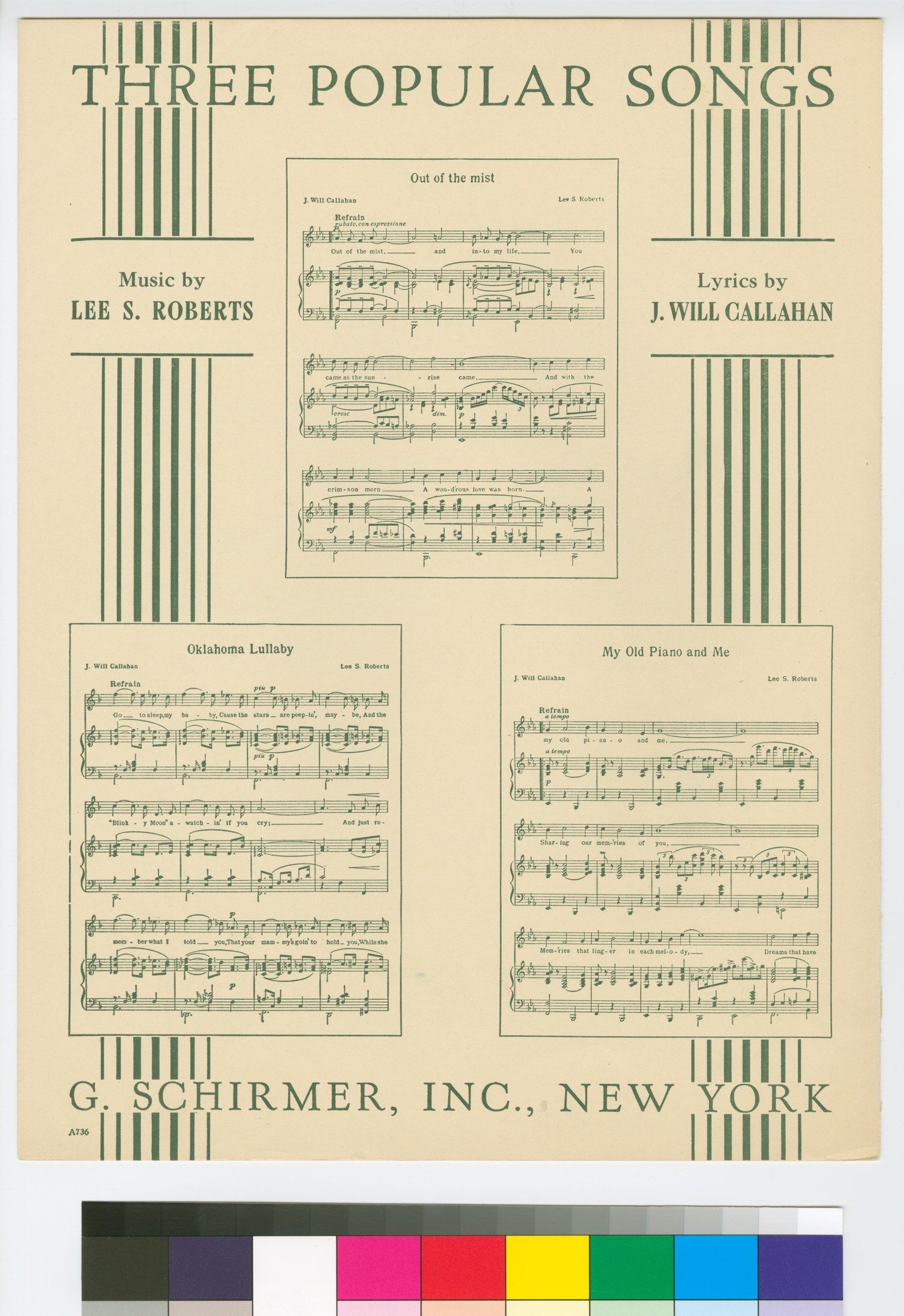 A sheet of music with three song titles written in bold black font at the top and a vibrant color chart at the bottom.