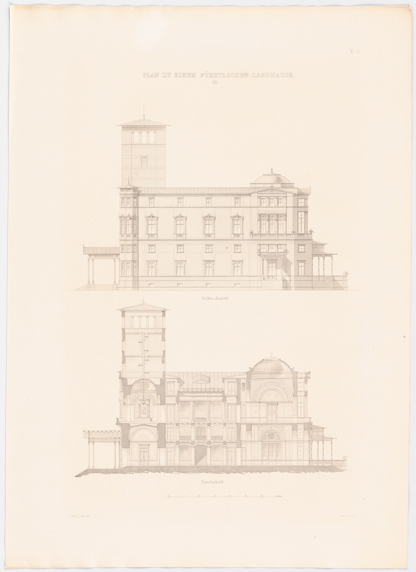 Architectural plan of St. Kirche Furstlicher Landhaus, a two-story building with a central clock tower, drawn on paper with accompanying text.