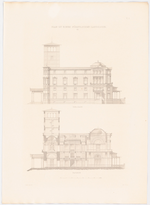 Architectural plan of St. Kirche Furstlicher Landhaus, a two-story building with a central clock tower, drawn on paper with accompanying text.