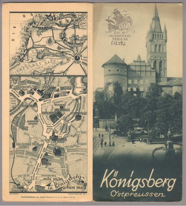Old book with a map of Königsberg, Germany on the cover, featuring a building surrounded by trees, people, and a fountain on the right, and text at the bottom.