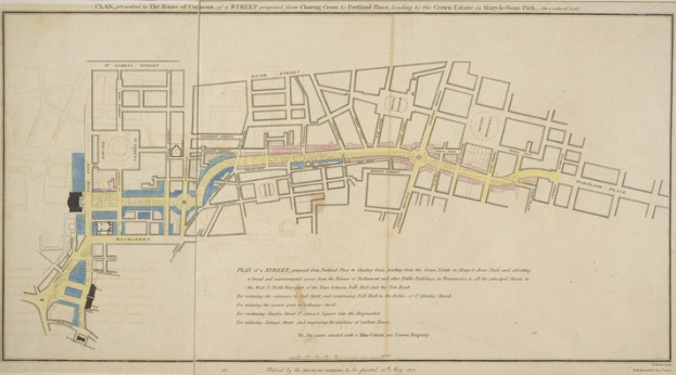 Eine historische Karte von London, England, die das Layout des House of Commons, eine vorgeschlagene Straße von Charing Cross bis Portland Place und ihre Verbindung zum Crown Estate in Marylebone Park zeigt, gedruckt auf altem Papier mit handgeschriebenem Text.
