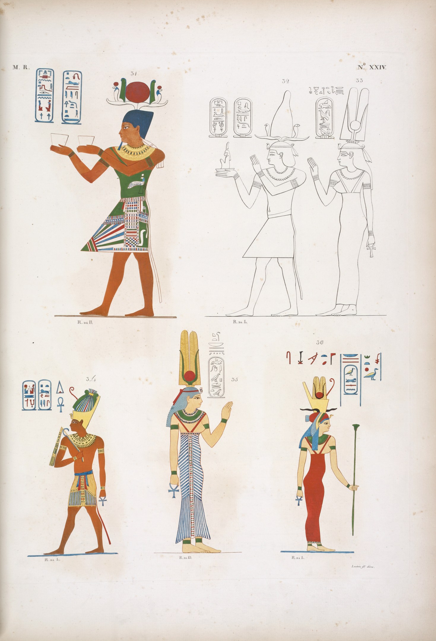 Ein altes Buch mit leuchtenden, detaillierten Illustrationen alter ägyptischer Götter und Göttinnen mit einzigartigen Symbolen und detaillierter Kunst.