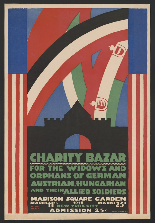 Charity Bazaar Plakat für die Witwen und Waisen deutscher, australischer, ungarischer und alliierter Soldaten mit Text zu den Ereignisdetails.