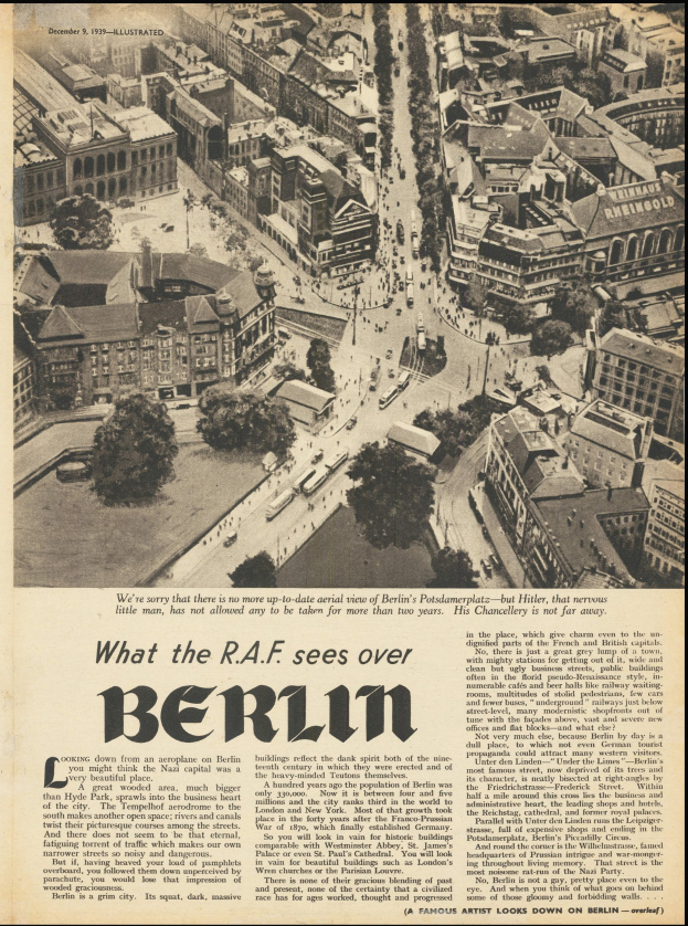 Schwarz-weißes Bild einer alten Zeitung mit einer Stadtansicht, die Gebäude, Bäume und Fahrzeuge zeigt, sowie Text.