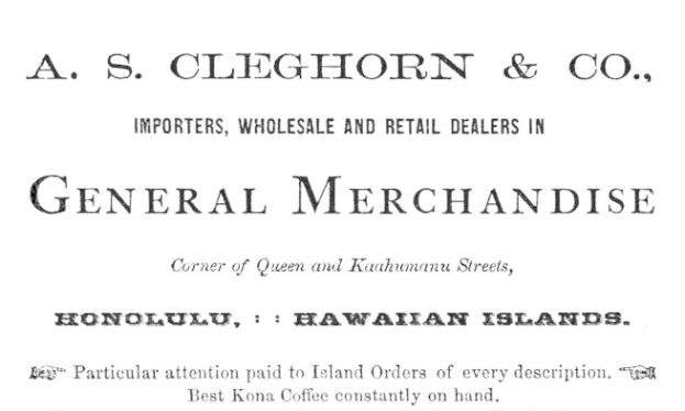 Schwarzer und weißer Papierbogen mit der Inschrift "A.S. Cleghorn & Co. Importeure, Groß- und Einzelhandelsgeschäft für Allgemeinwaren."
