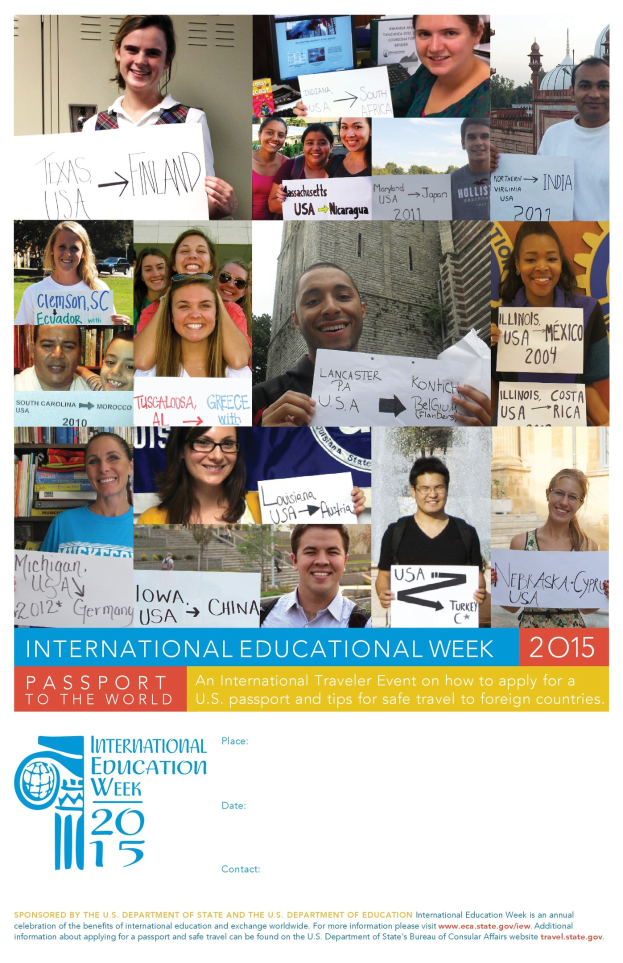 Plakat für die Internationale Bildungswoche 2015 mit einer Gruppe von strahlenden Menschen, die Schilder halten und Text mit Veranstaltungsinformationen.