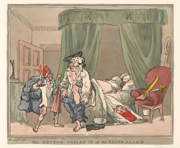 Cartoon eines Arztes, der neben dem Bett eines Patienten in einem Krankenhauszimmer steht und ein Objekt hält, mit einem Stuhl, einer Tür und einem Vorhang im Hintergrund und Text unten.