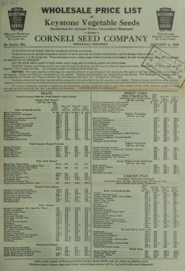 Ein gedruckter Großhandelspreislisten für Gemüsesamen von der Cornell Seed Company, betitelt "Keystone Vegetable Seeds Wholesale Price List", mit organisierter schwarzer Schrift auf weißem Papier.