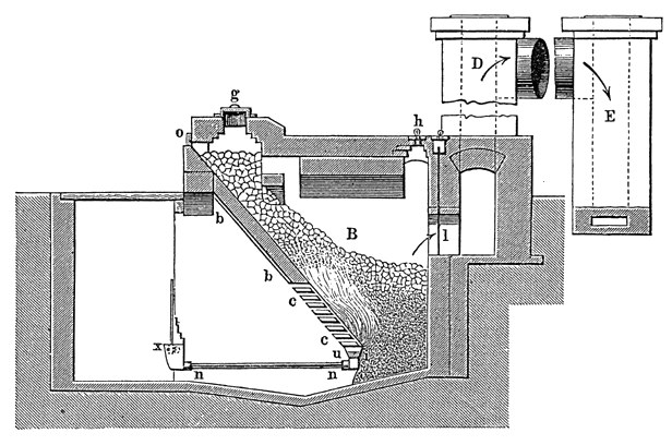 Black-and-white line drawing of a water treatment plant machine with a pipe and hose attached, accompanied by explanatory text.