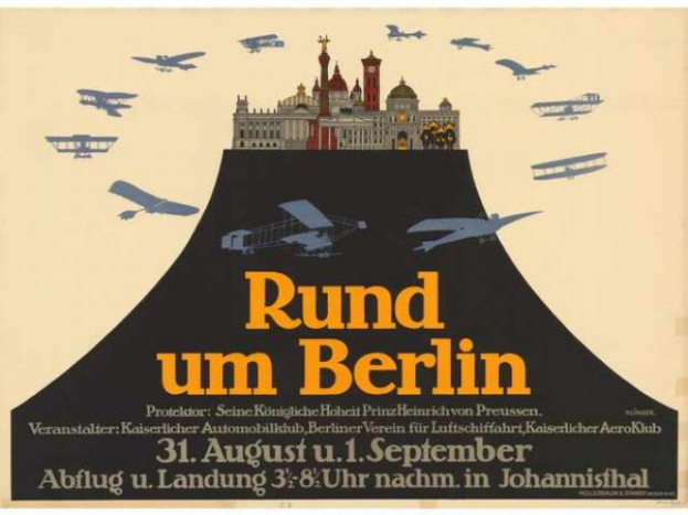 Ein Plakat, das eine Berliner Luftschau bewirbt, mit dem Text "Rund um Berlin", im Hintergrund ein Gebäude und mehrere Flugzeuge am Himmel.