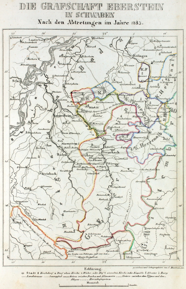 A detailed historical map of Grafische Eberstein in Schwaben, Germany, depicting geographical features like rivers, mountains, and cities with text at the top and bottom of the paper.