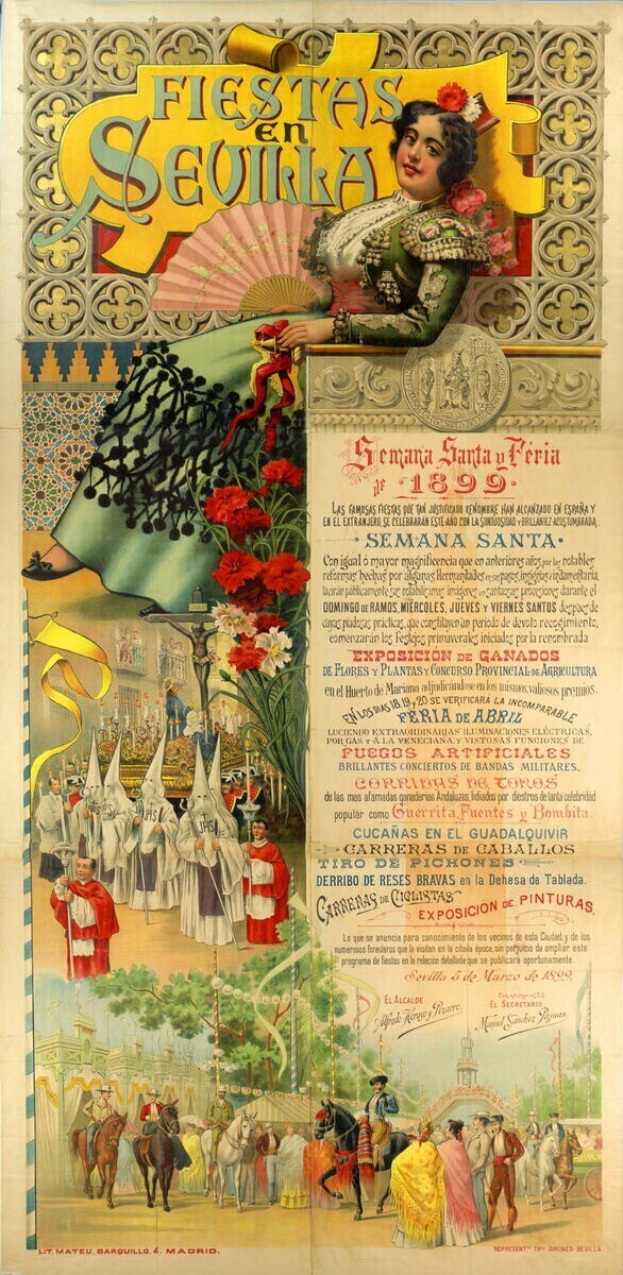 Plakat für ein Fest in Sevilla, Spanien, das eine Frau in traditioneller Tracht zeigt, umgeben von Menschen, Pferden, Bäumen, Blumen und Text.