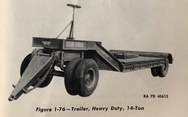 Schwarzes und weißes Foto eines Schwerlastanhängers mit einer 14-Tonnen-Kapazität, mit Textdetails unten.