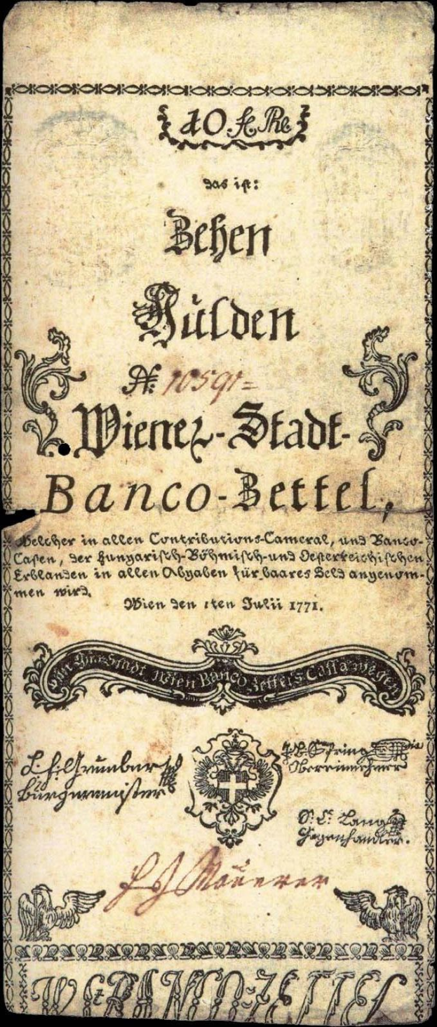 Old German 10 reis banknote from 1771 with a black background and a man's face.