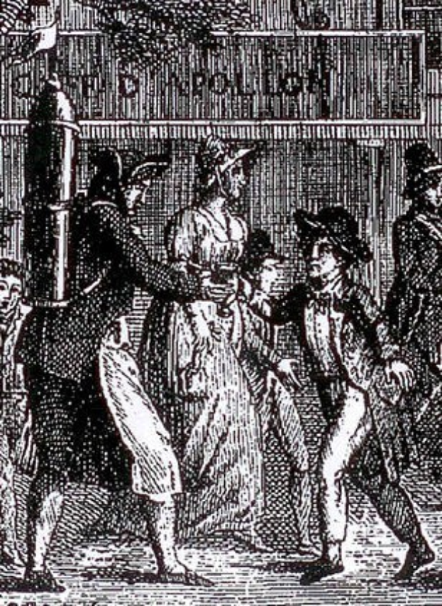 Schwarze und weiße Zeichnung einer Gruppe verzweifelter Menschen, die eine Straße entlanglaufen und an einem Gebäude vorbeikommen, mit der Unterschrift "Victorianische Unruhen in London" unten.