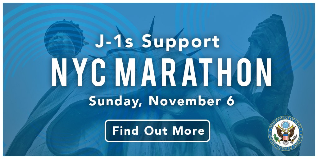 Poster advertising the New York City Marathon with the text "j-1s support NYC Marathon" and the event's logo, scheduled for Sunday, November 6th.