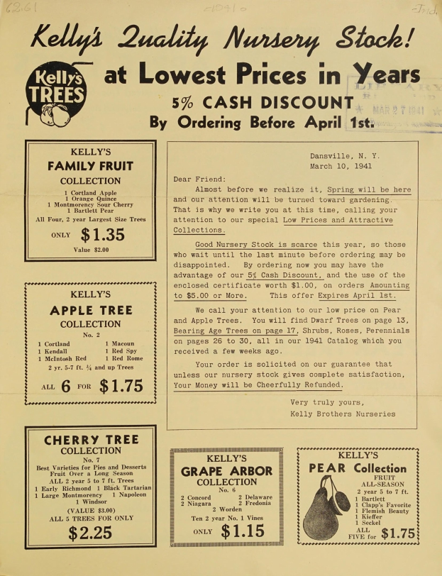 Papierreklame für Kelly's Quality Nursery Stock mit Text und Bildern, die die niedrigsten Preise in Jahren anbietet.