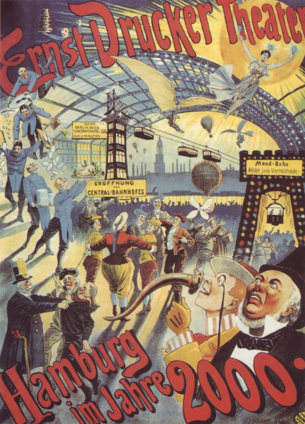 Plakat für das Ernst-Drucker-Theater in Hamburg, Deutschland, mit einer Gruppe von Menschen und dem Text "Hamburg im Jahre 2000".