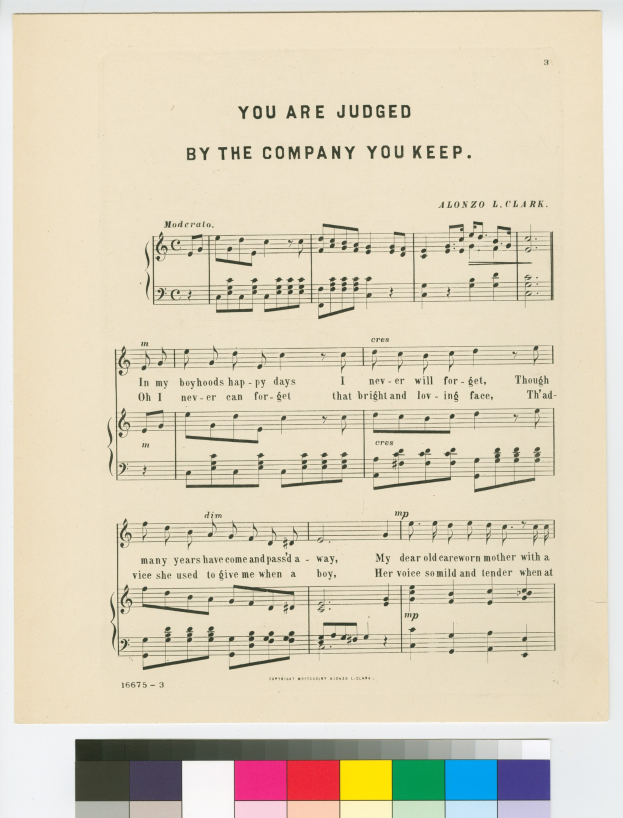 Ein Notenblatt mit der Aufschrift "Du wirst nach deiner Begleitung beurteilt" und Farbmustern unten.