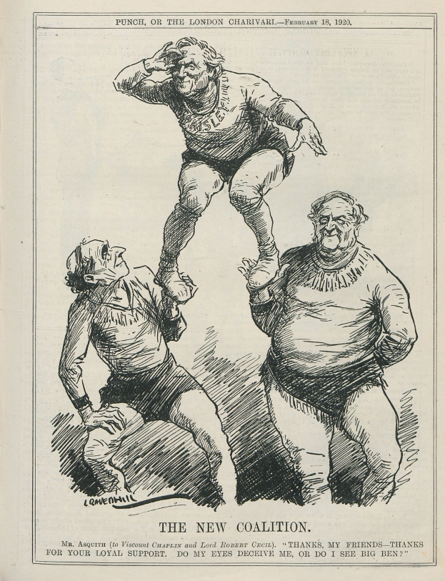 Ein historischer politischer Cartoon mit dem Titel "Die neue Koalition" aus Punch, oder der Londoner Charivari, datiert auf den 18. Februar 1920, der drei besorgte Gestalten zeigt, eine mit ausgestreckten Armen und gequälter Miene.