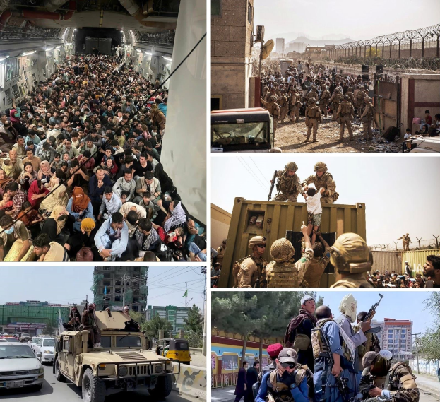 Große Gruppe von Menschen vor einem Militärfahrzeug mit Gebäuden, Bäumen und anderen Fahrzeugen im Hintergrund, die besorgt wirken.