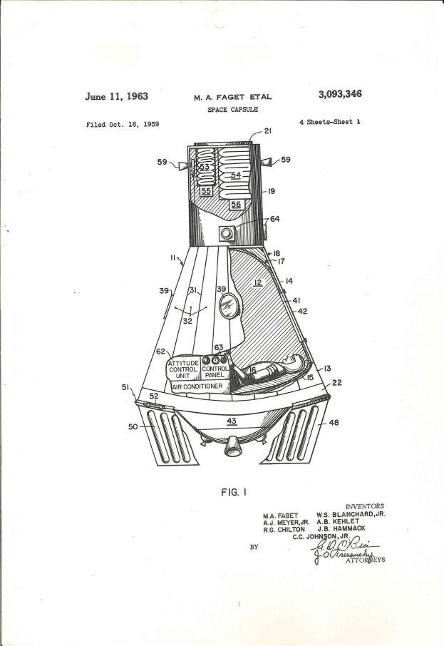 Schwarze und weiße Linienzeichnung des Apollo 11 Command Moduls mit beschrifteten Teilen auf einem weißen Hintergrund.