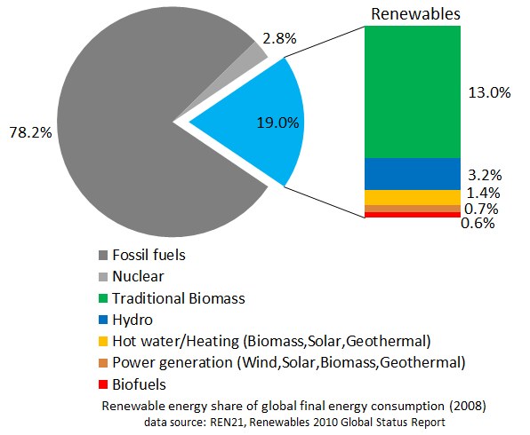 Tortendiagramm, das den globalen Verbrauch erneuerbarer Energien im Jahr 2008 zeigt, mit Abschnitten für fossile Brennstoffe, Kernenergie, Wasser, Heißwasser, Heizung, Biomasse, Solarenergie, Geothermie und Biokraftstoffe.