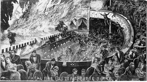 Schwarz-weiß-Illustration einer panischen Menge in einem brennenden Theater, mit der Beschriftung 'Tödlicher Brand Exeter Theatre Burn' unten.