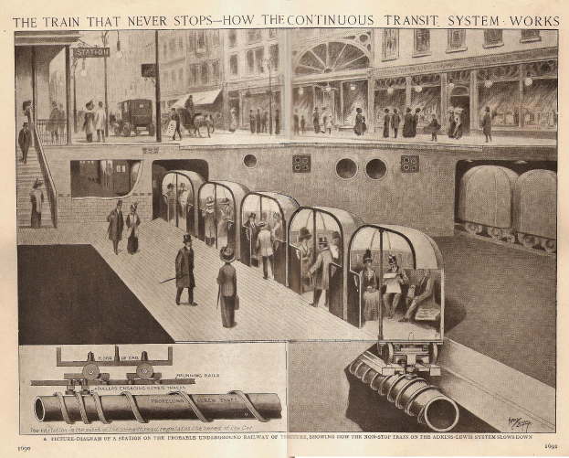 Ein Blatt mit Bildern von Menschen, Zügen und anderen Gegenständen sowie dem Titel "Der Zug, der nie aufhört - wie das kontinuierliche Transit-system funktioniert".