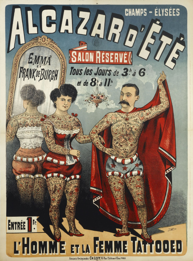 A poster in Paris advertising a tattoo parlor, featuring a man and woman with visible tattoos standing side by side and text promoting the salon.