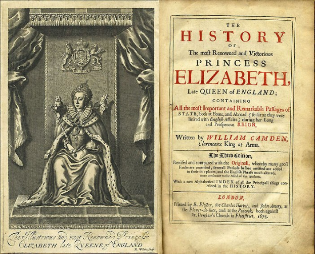 Cover eines alten Buches mit dem Titel "Die Geschichte der berühmtesten und siegreichen Prinzessin Elizabeth, der späten Königin von England" mit einem Porträt von Queen Elizabeth II.