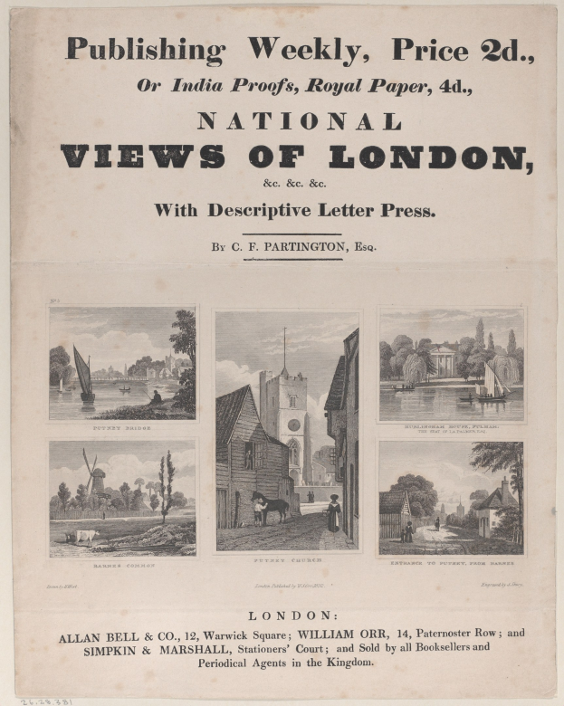 Detailierte Illustration von London mit Gebäuden, Bäumen und Sehenswürdigkeiten neben beschreibendem Letterpress-Text über die Geschichte, Kultur und Attraktionen der Stadt.