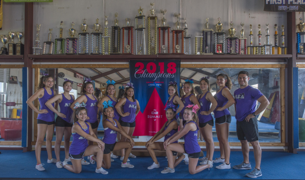 Gruppe von Cheerleadern in lila T-Shirts und schwarzen Shorts, die vor einem Vitrinenschrank mit einer '2018 Summit Cheerleading Champions'-Banner im Hintergrund posieren.