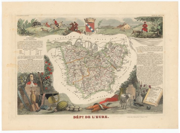 Alte Karte von L'Eure, Frankreich, auf Papier gedruckt mit Illustrationen von Menschen, Tieren, Pflanzen, Bäumen und Gegenständen.