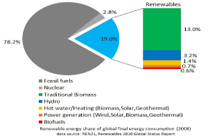 Tortendiagramm, das den globalen erneuerbaren Energieverbrauch im Jahr 2008 zeigt, aufgeschlüsselt nach Quellen wie fossile Brennstoffe, Kernenergie, Hydro, Heißwasser, Heizung, Biomasse, Solar, Geothermie und Biokraftstoffe.