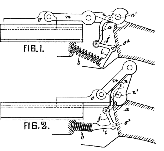 Detailed technical drawing of an automatic door lock mechanism featuring a spring, handle, and other components, as depicted in a patent illustration.