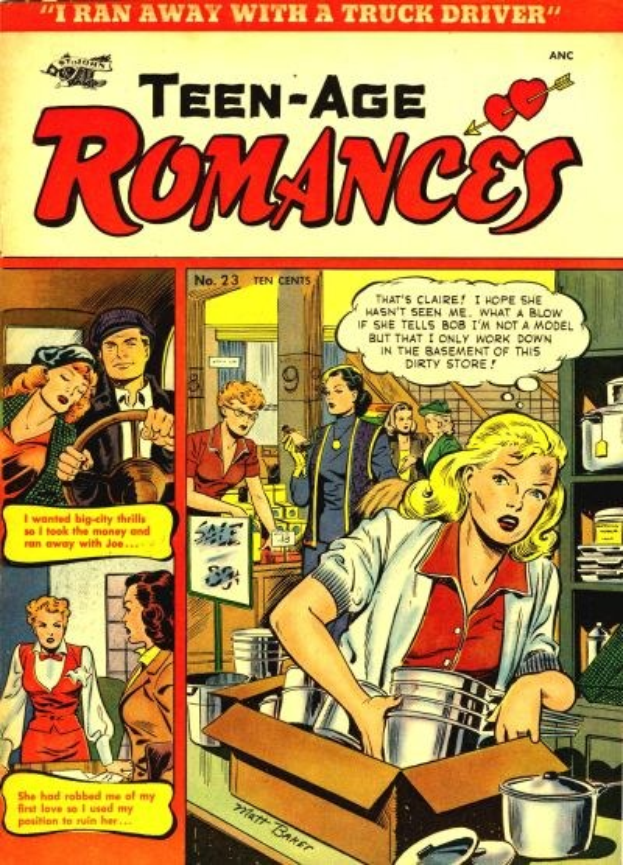 Ein lebendiger DC-Comics-Plakat titled "Teen-Age Romances 23-A" zeigt eine Gruppe von Menschen in einer fröhlichen, romantischen Umarmung mit fetter Schrift und leuchtenden Farben.