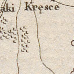 Detailed old map of the city of Kresce, displaying streets, buildings, landmarks, and text with additional information such as population and roads.
