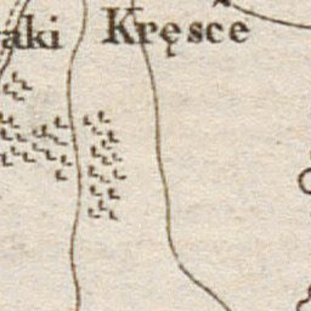 Detailed old map of the city of Kresce, displaying streets, buildings, landmarks, and text with additional information such as population and roads.
