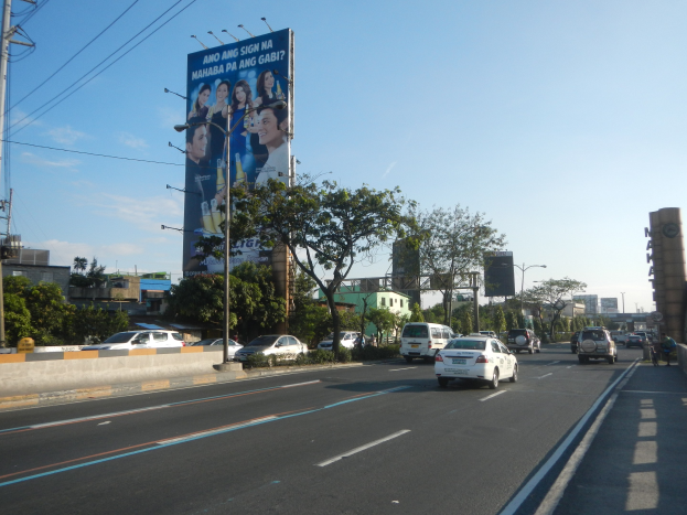 Stadtstraße mit fahrenden Autos, ein großes Straßenplakat, Strommasten und -leitungen, Straßenlaternen, Bäume, Gebäude und ein bewölkter Himmel.
