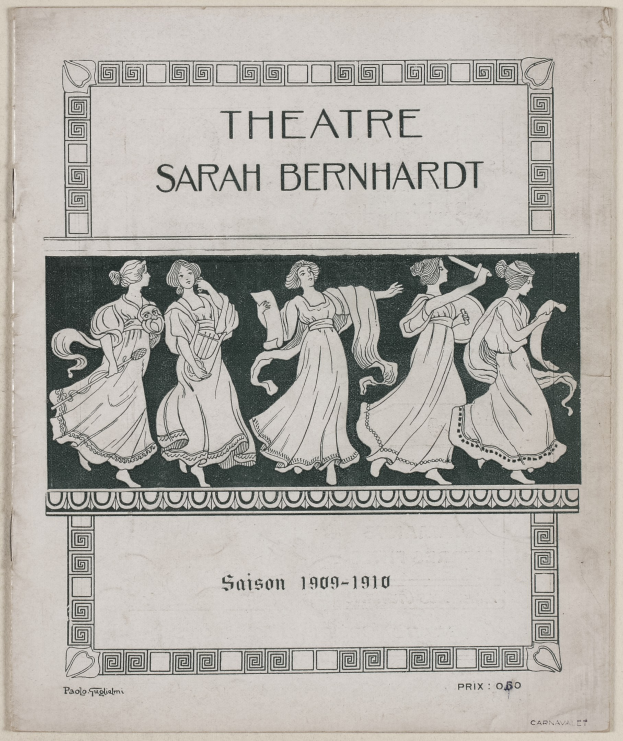 Poster for the Theatre Sarah Bernhardt from 1909-1910, featuring a group of women in the center with text describing the theatre and its performers.