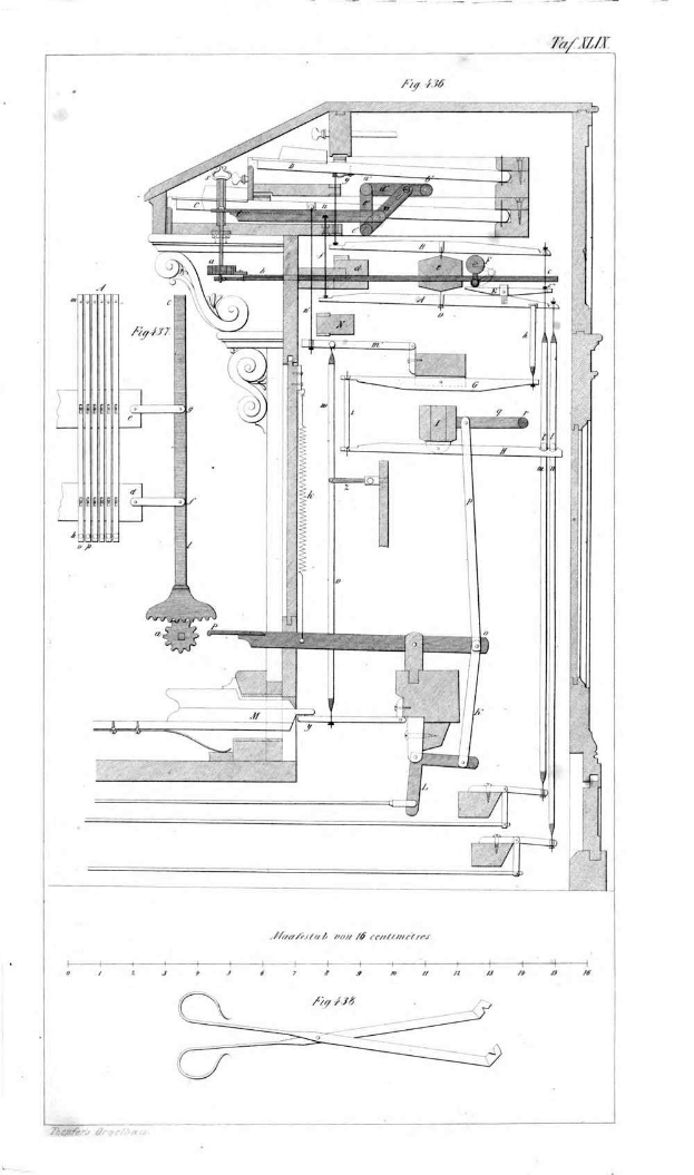 A detailed drawing of an 18th-century machine with a clock mechanism, accompanied by handwritten text and numerical annotations on aged paper.