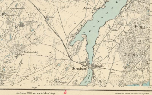 Detailed old map of Stendsitz, Germany, showing streets, buildings, landmarks, and a river, with text providing population and location information.