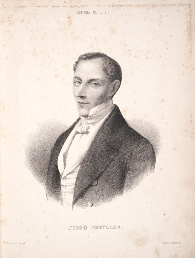 Ein Schwarz-Weiß-Zeichnung eines Mannes in einem Anzug, identifiziert als Diego Portales, mit Text auf seiner Kleidung, der wahrscheinlich seine Errungenschaften und Beiträge zur mexikanischen Revolution beschreibt.