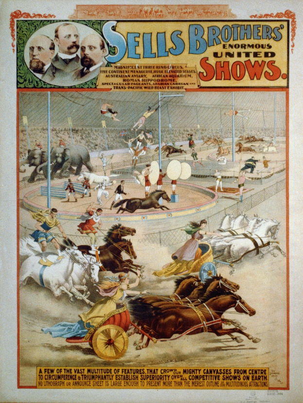 Plakat, das Sell's Brothers' Riesige Vereinigte Shows ankündigt, zeigt eine Gruppe von Menschen, die auf Pferden in einem Zirkus reiten, mit Text, der das Ereignis beschreibt.