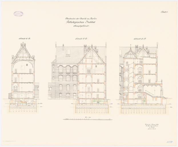 Schwarzes und weißes Architekturzeichnung des Charles II-Schule in Berlin, zeigt ein Gebäude mit zahlreichen Fenstern und detaillierte Pläne und Text auf dem Papier.