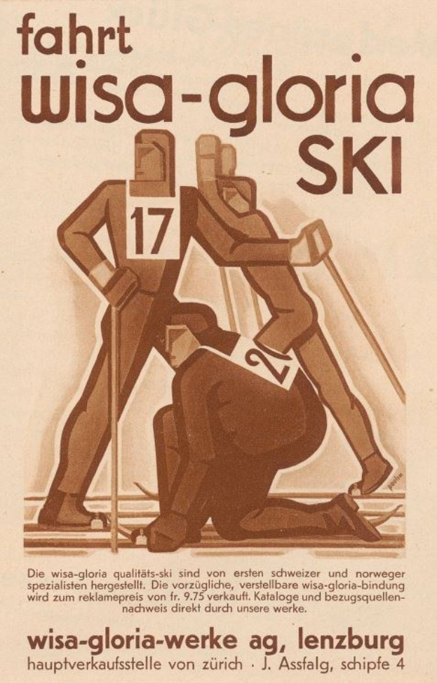 Buntes Plakat für den Wisa-Gloria Ski-Weltcup mit blauem Hintergrund, das zwei Skifahrer in Ausrüstung auf einer Piste zeigt und eine fette weiße Schrift mit der Aufschrift "Wisa Gloria Ski."