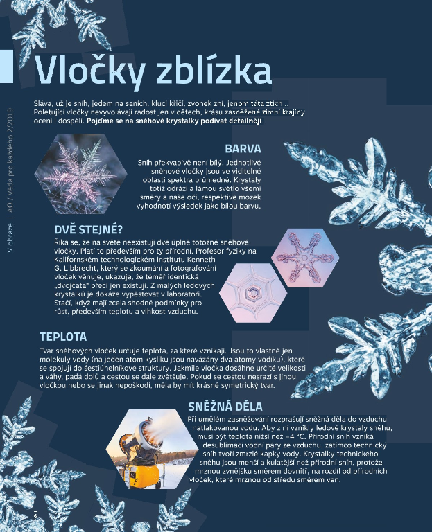 Poster with the text "Vložky zblizka" (Snowflakes) on a blue background, featuring various snowflake images.